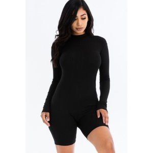 Women’s Black Long Sleeve Ribbed Knit Romper